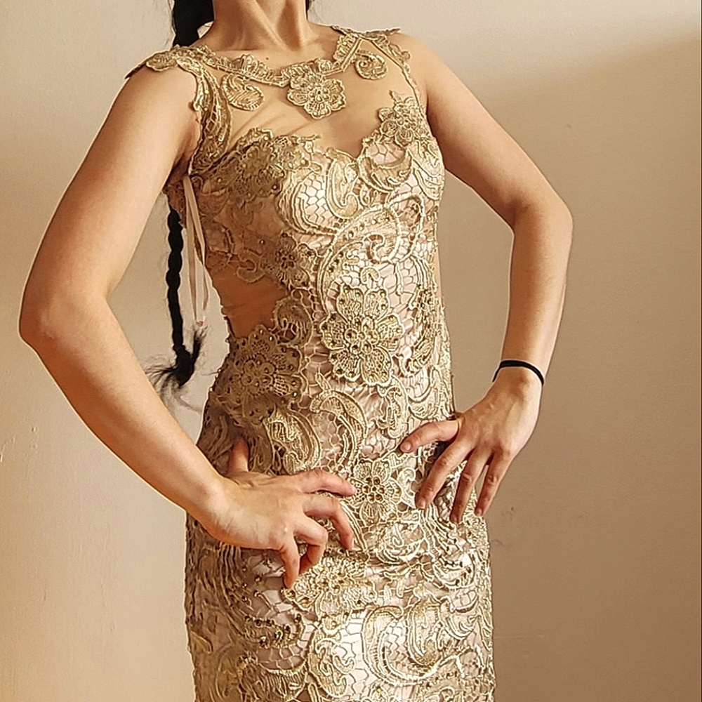 NUDish Cream Lace Sequence Prom Dress XS Size 1/2